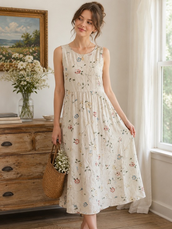 Bfa Classics Dresses & Skirts - BFA Classics Floral Linen Blend Midi Dress Women’s Medium Petite Cottagecore